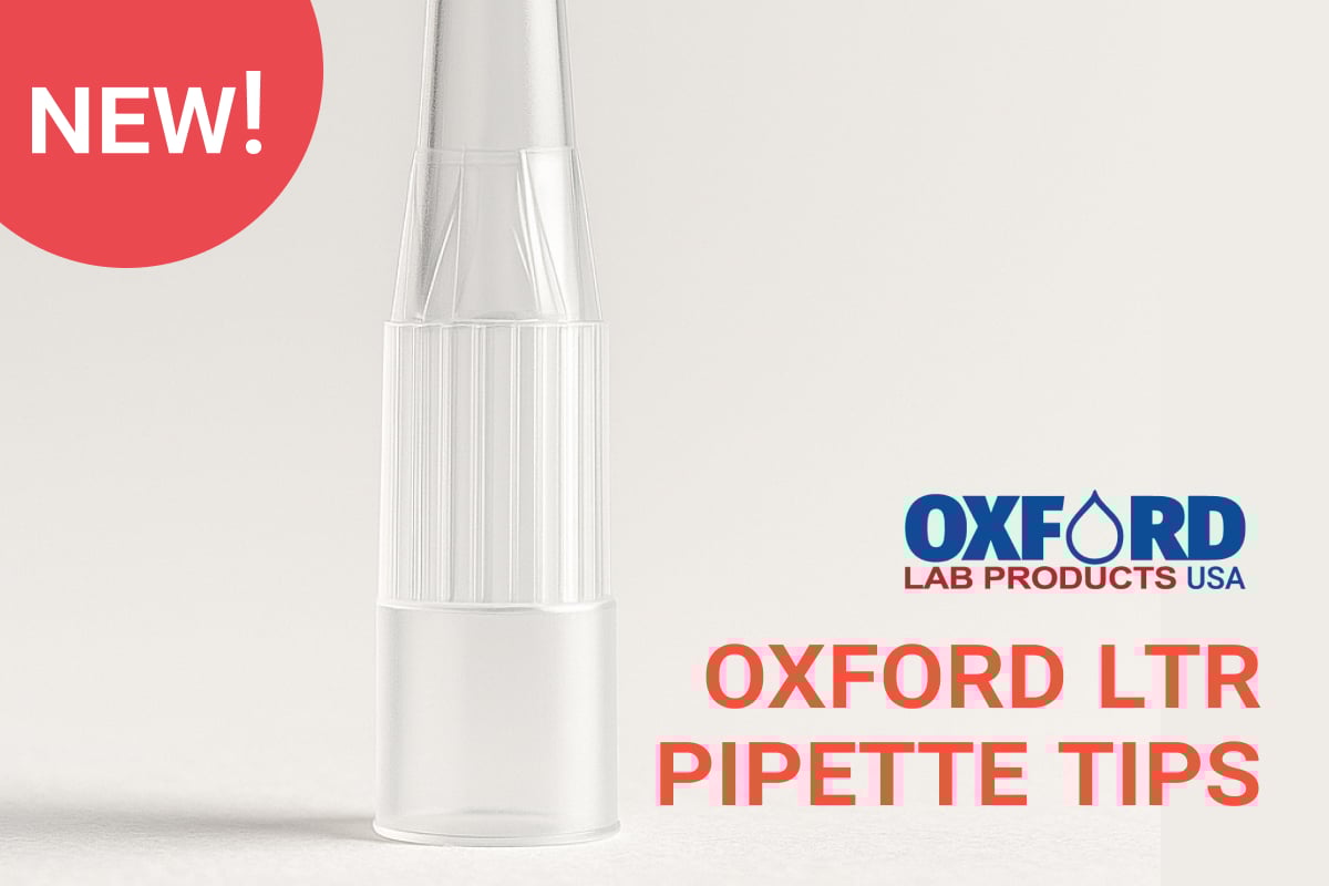 Clear pipette tip standing upright with text reading 